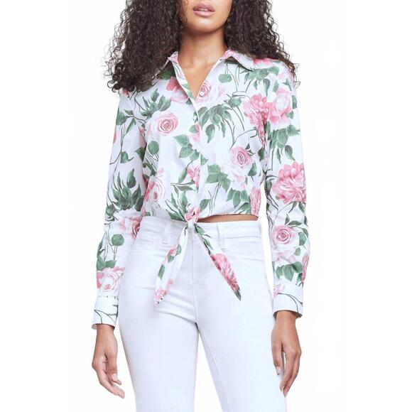 NEW L'AGENCE gaia tie front blouse in rosa print
